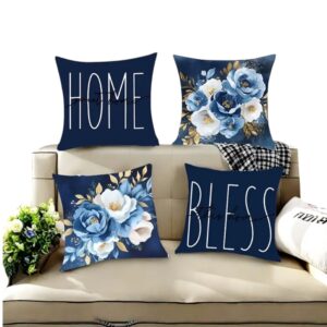 Blue Bloom “Home & Bless” Decorative Pillow Covers