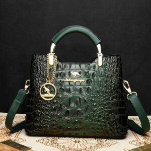 Luxe Croc-Embossed Emerald Handbag with Gold Charm