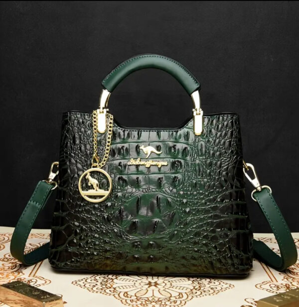 Luxe Croc-Embossed Emerald Handbag with Gold Charm