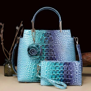 Iridescent Blue Crocodile-Embossed Handbag Set
