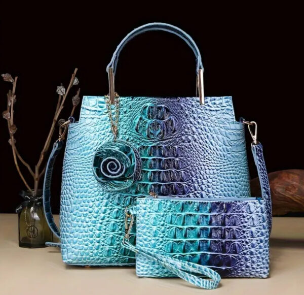 Iridescent Blue Crocodile-Embossed Handbag Set
