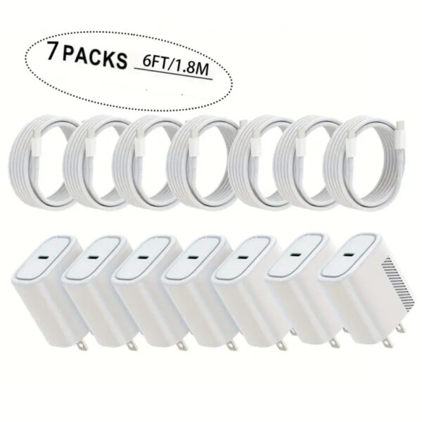 7-Pack 20W Fast Charging USB-C Wall Chargers with 6FT Cables