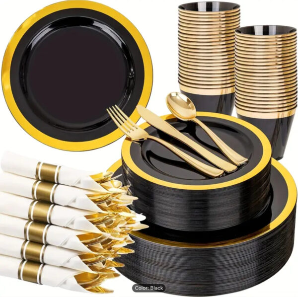Black & Gold Disposable Dinnerware Party Set (175 pcs.)