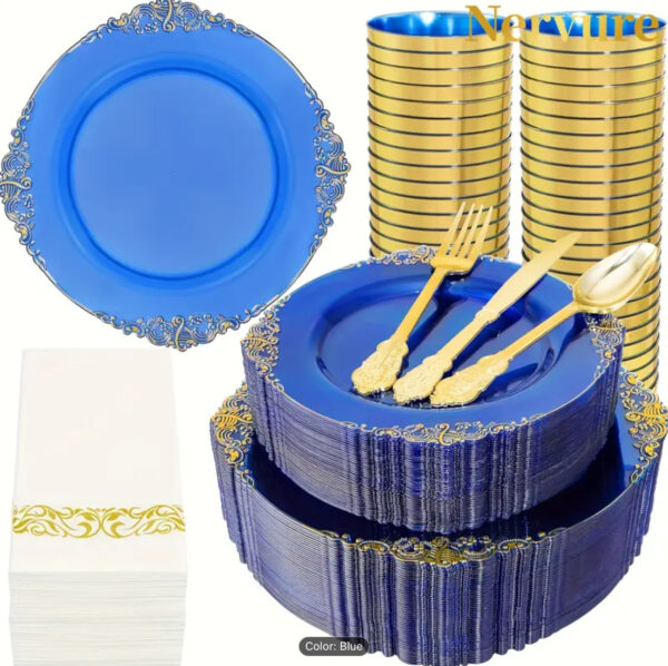 Royal Blue & Gold Disposable Dinnerware Party Set (700 pcs.)