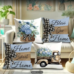 Farmhouse Blue Floral & Plaid Bow Throw Pillow Covers